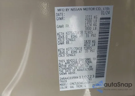 2024 Nissan Titan Pro-4X 4X4 из США, поврежденный, VIN 1N6AA1ED9RN110223